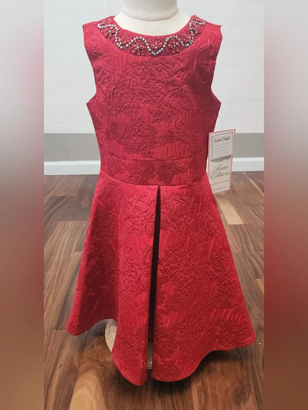 Rare Editions Girls Red Metallic Holiday Party Dress Jeweled Collar Bow Size 7